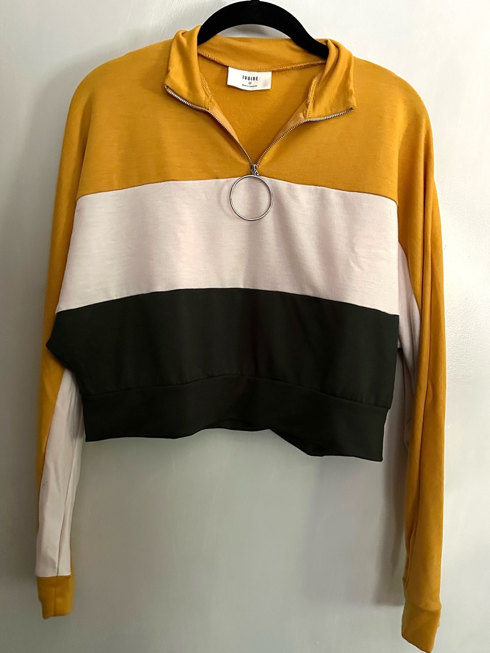 Ivoire Colorblock Cropped Quarter Zip Pullover Ring Zip Mustard Cream Green S